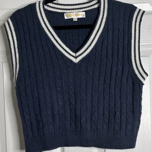 V-Neck Navy Cable Knit Sweater Vest by